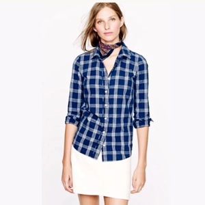 J. CREW Boy Shirt Indigo Plaid Blouse White Blue Top Button Down Classic Knit